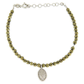 Pulseiras de Prata: Pulseira religiosa contas hematita 3 mm e medalha zircões brancos