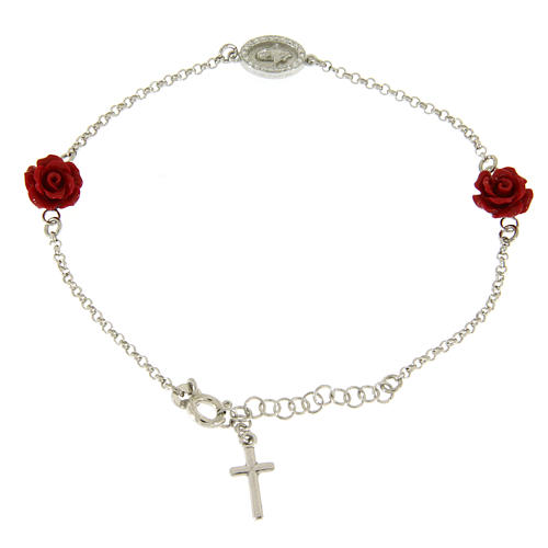 Bracelet roses en résine médaille zircons et croix lisse 1