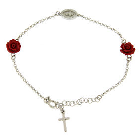 Pulseiras de Prata: Pulseira rosas em resina medalha zircões e cruz lisa