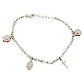 Bracelet with 4 mm spheres in 925 sterling silver with resin rose pendants, a cross and a medalet