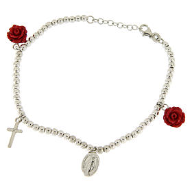 Bracelet grains 4 mm en argent 925 roses en résine croix et médaille