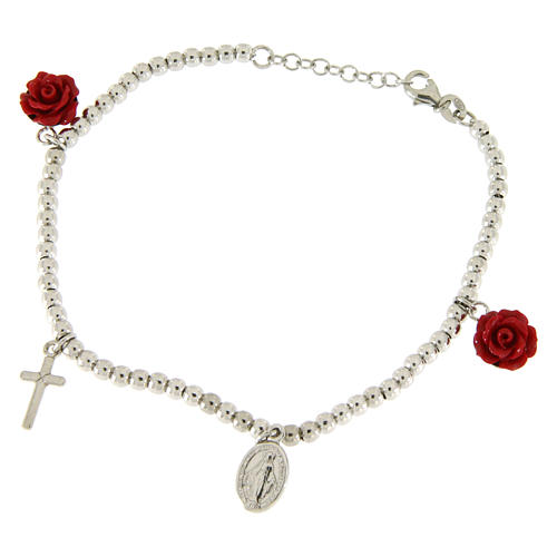 Bracelet with 4 mm spheres in 925 sterling silver with resin rose pendants, a cross and a medalet 1
