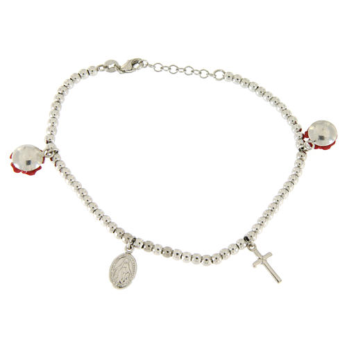 Bracelet with 4 mm spheres in 925 sterling silver with resin rose pendants, a cross and a medalet 2
