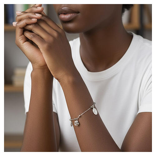 Bracelet with 9 mm spheres in 925 sterling silver and Saint Rita medalet with black zircons 2