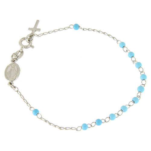 Pulsera rosario esfera celeste 4 mm y cadena silver 1