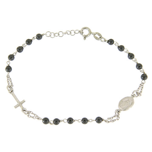 Rosary bracelet with hematite grains sized 4 mm coloured in silver 1