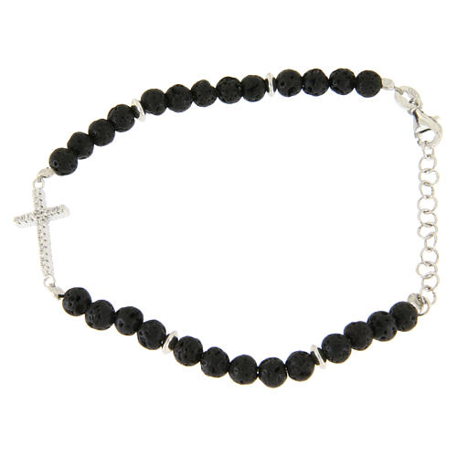 Bracelet in 925 sterling silver, with lava stone, cross and white zircons 1