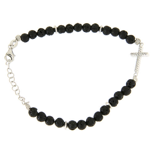 Bracelet in 925 sterling silver, with lava stone, cross and white zircons 2