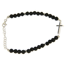 Pulseiras de Prata: Pulseira prata 925 pedra lávica e cruz zircões pretos