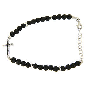 Pulseiras de Prata: Pulseira prata 925 pedra lávica e cruz zircões pretos