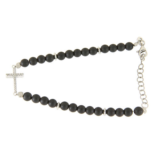 Bracelet in 925 sterling silver, hematite opaque balls and white zirconate cross 2