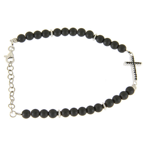 Silver bracelet with opaque hematite balls and a religious insert with a black zirconate cross 2