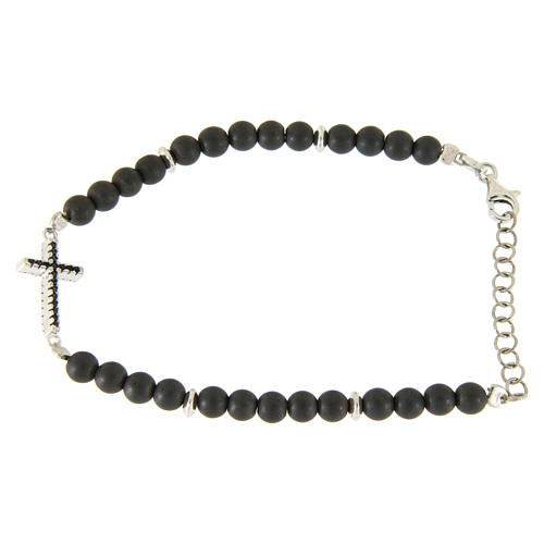 Bracelet argent perles hématite matte et insert religieux croix zircons noirs 1