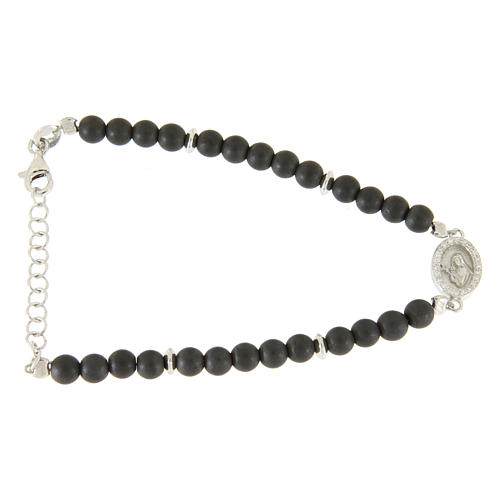 Bracelet perles hématite matte détails et médaille Ste Rita argent zircons blancs 1