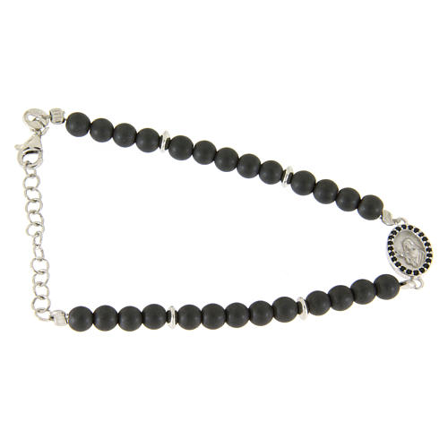 Pulsera plata 925 bolitas 4,5 mm hematites y pequeña medalla zircones negros 1