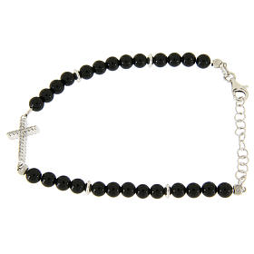 Bracelet with 4,2 mm balls in black shiny onyx, with a white zirconate cross