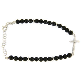Bracelet with 4,2 mm balls in black shiny onyx, with a white zirconate cross