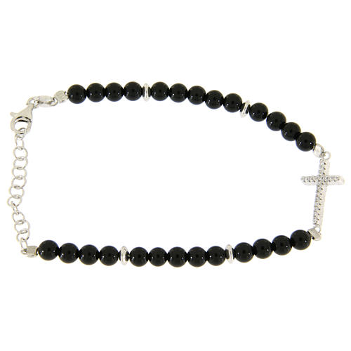 Bracelet with 4,2 mm balls in black shiny onyx, with a white zirconate cross 2