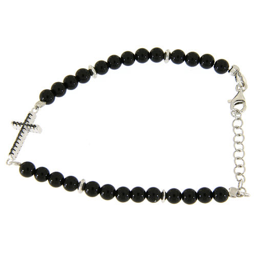 Bracelet with details, cross with black zircons, black shiny onyx balls sized 4,2 mm 1