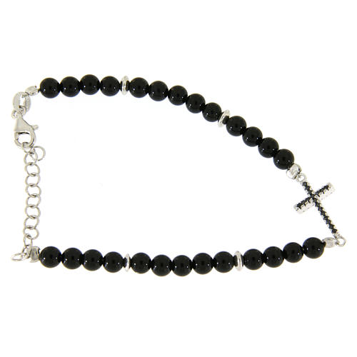 Bracelet with details, cross with black zircons, black shiny onyx balls sized 4,2 mm 2
