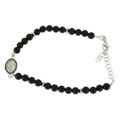 Bracelet in 925 sterling silver, with onyx beads and Saint Rita medalet with black zircons 1