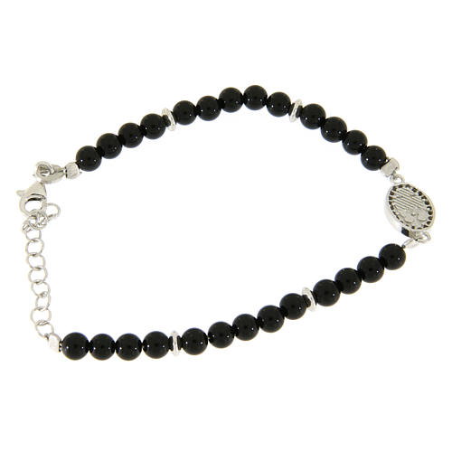Bracelet in 925 sterling silver, with onyx beads and Saint Rita medalet with black zircons 2