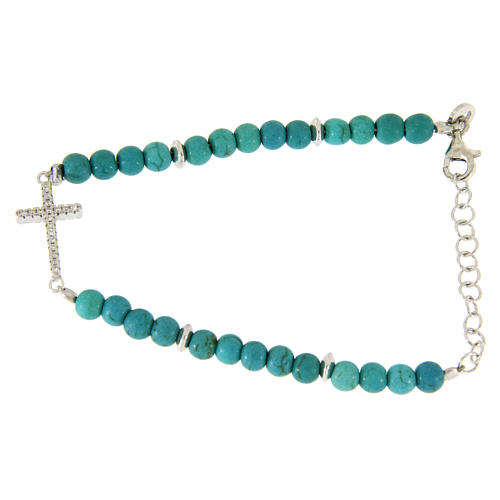 Bracelet in turquoise paste with beads sized 4,5 mm, and cross with white zircons 1