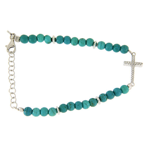 Bracelet in turquoise paste with beads sized 4,5 mm, and cross with white zircons 2