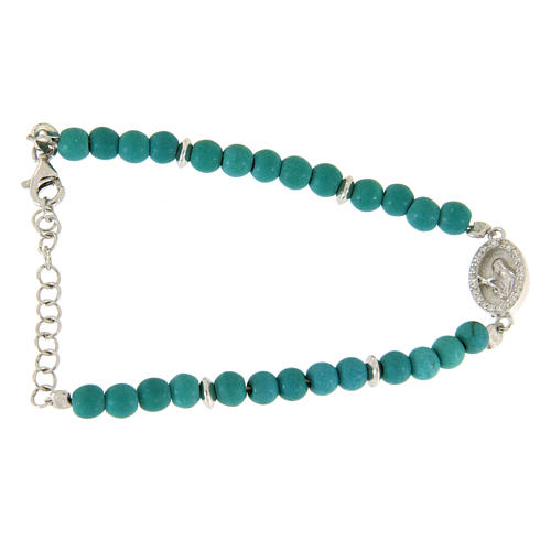 Bracelet perles pâte turquoise médaille Ste Rita zircons blancs argent 925 1