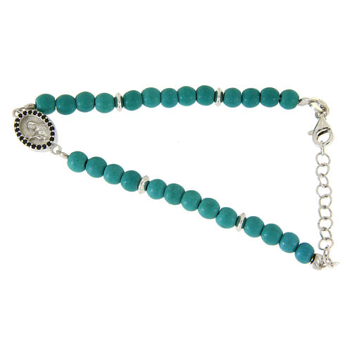 Bracelet perles pâte turquoise médaille Ste Rita zircons noirs argent 925 1