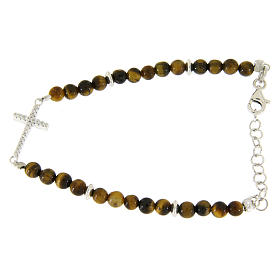 Bracelet with tiger's eye beads, white zirconate cross in 925 sterling silver
