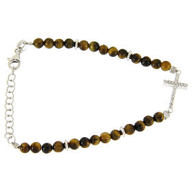 Bracelet with tiger's eye beads, white zirconate cross in 925 sterling silver