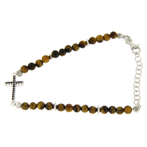 Bracelet with tiger's eye beads, silver and zirconate cross 1