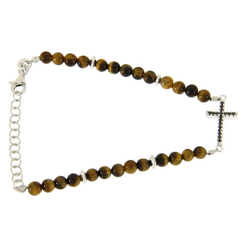 Bracelet with tiger's eye beads, silver and zirconate cross 2