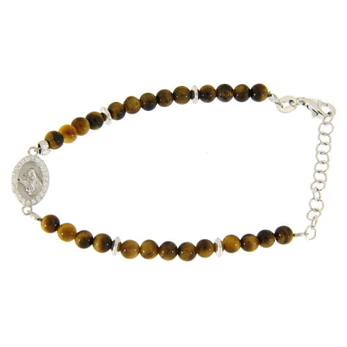 Bracelet with white zirconate medal and tiger's eye beads 1