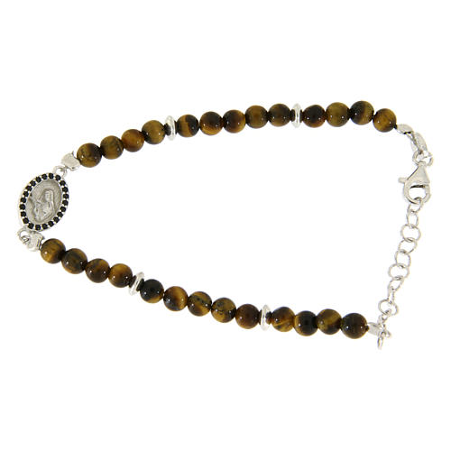Bracelet with medalet, black zircons and tiger's eye beads 1