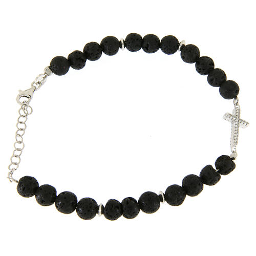 Bracelet with lava stone beads and white zirconate cross 1