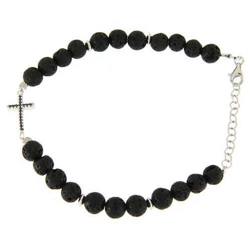 Bracelet perles pierre lave et croix zircons noirs 1