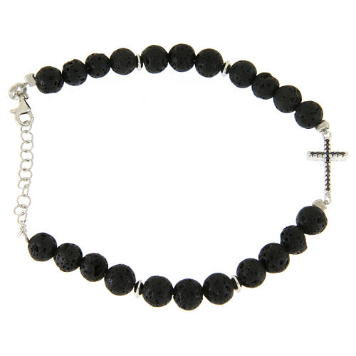 Bracelet perles pierre lave et croix zircons noirs 2