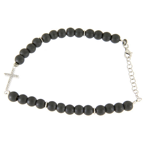 Armband graue Hematit Perlen Silber 925 Kreuz und Zirkonen 2