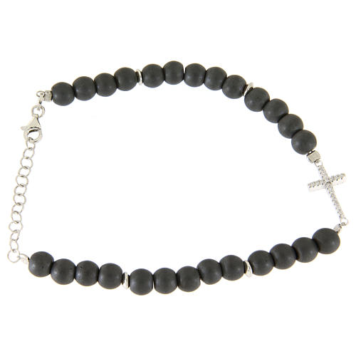 Bracciale argento con palline ematite grigie opache e croce zirconata bianca 1