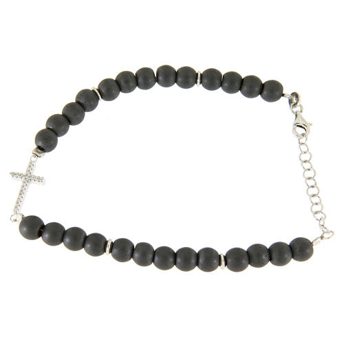 Bracciale argento con palline ematite grigie opache e croce zirconata bianca 2