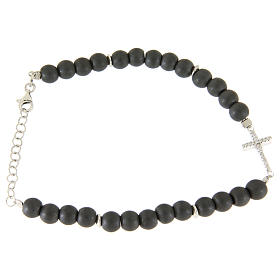 Silver bracelet with opaque gray hematite beads and white zirconate cross