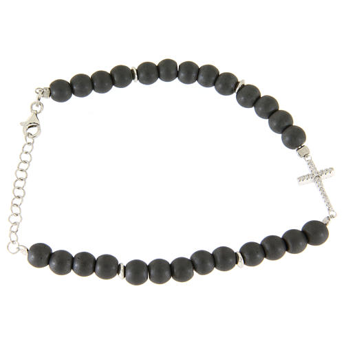 Silver bracelet with opaque gray hematite beads and white zirconate cross 1