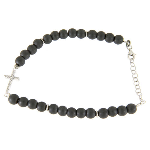 Silver bracelet with opaque gray hematite beads and white zirconate cross 2
