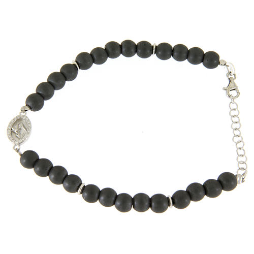 Bracelet perles hématite gris mat avec médaille Ste Rita zircons blancs 1