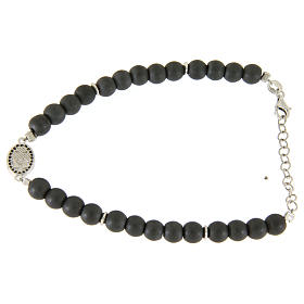 Bracelet perles hématite gris mat avec médaille Ste Rita zircons noirs