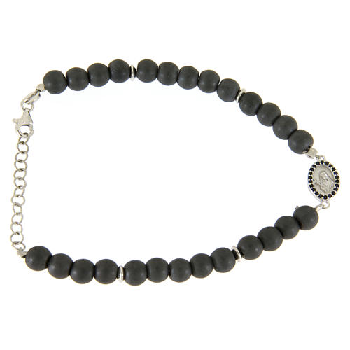 Bracelet perles hématite gris mat avec médaille Ste Rita zircons noirs 1