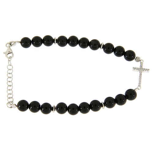 Bracelet with onyx beads white zirconate and silver cross 1
