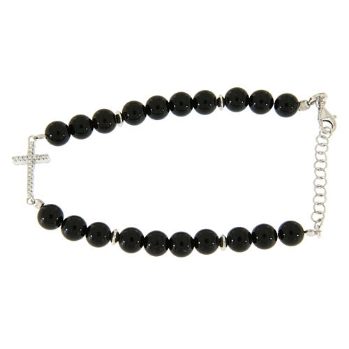 Bracelet with onyx beads white zirconate and silver cross 2